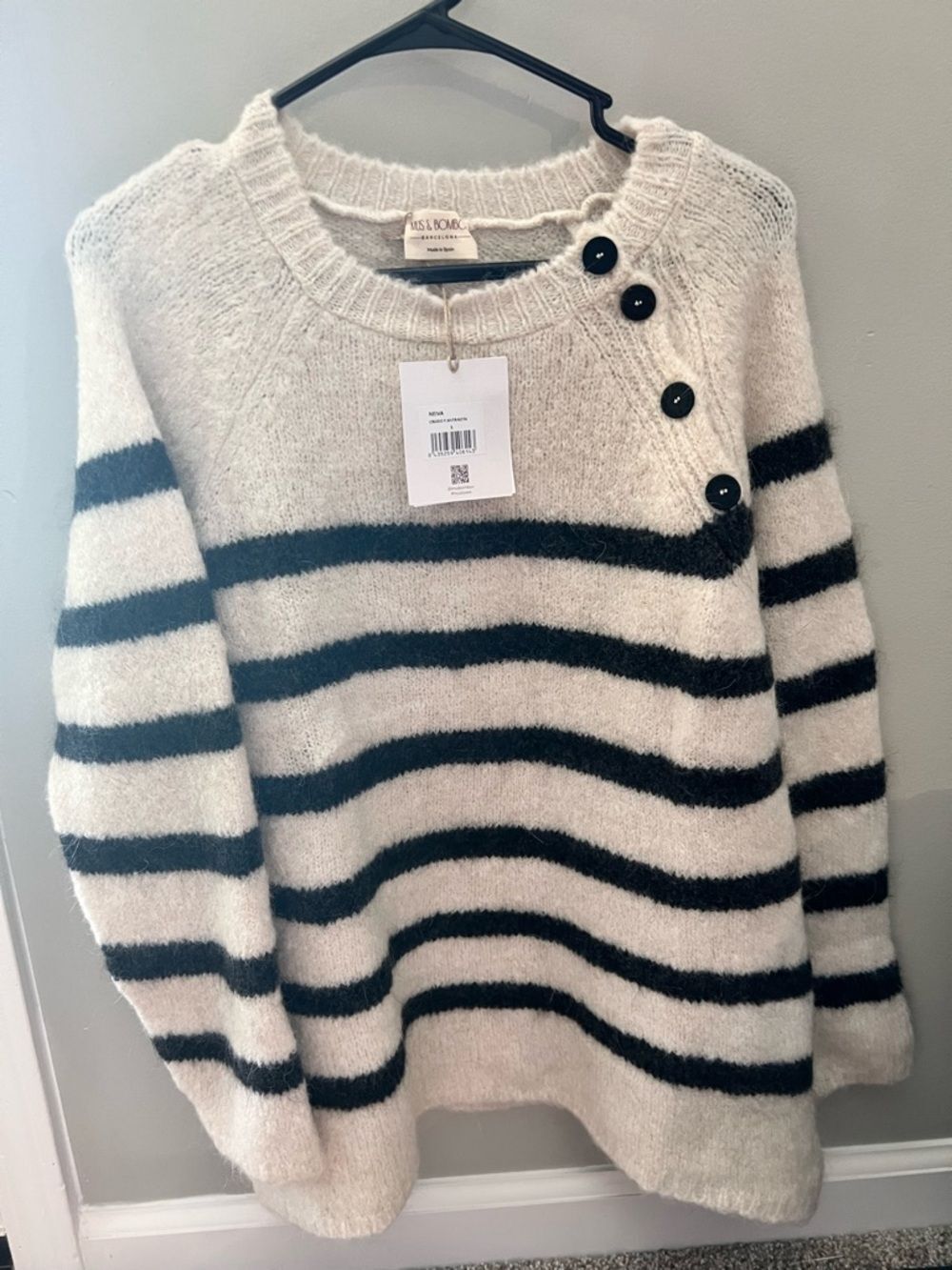 Striped Crewneck Sweater with Shoulder Buttons - Cream & Black